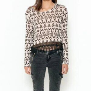 H&M Divided Lace Hem Cropped Tribal Lightweight Sweater Scoop Neck Sz Large